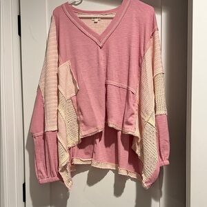 POL Pink and Cream V-Neck Shirt